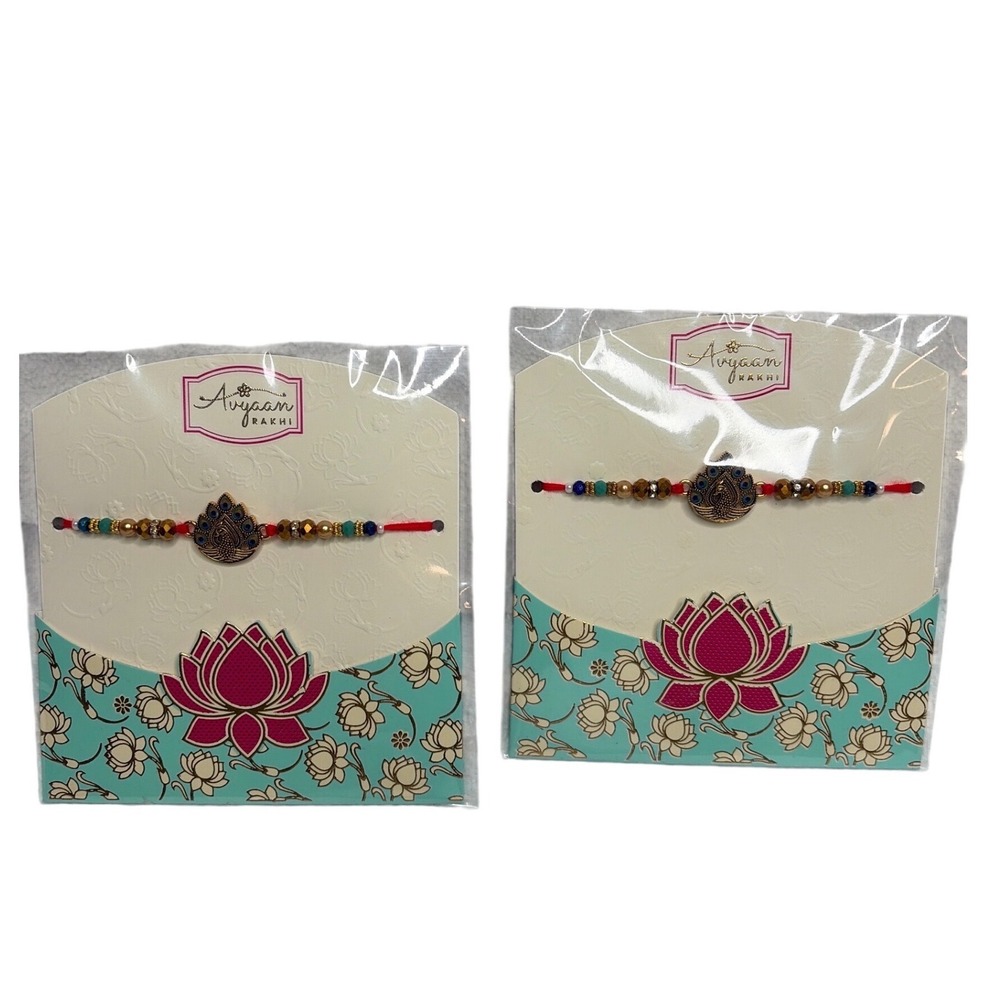 Avyaan‎ Rakhi Peacock Beaded Red Thread Bracelet Set of 2 Raksha Bandhan 0077
